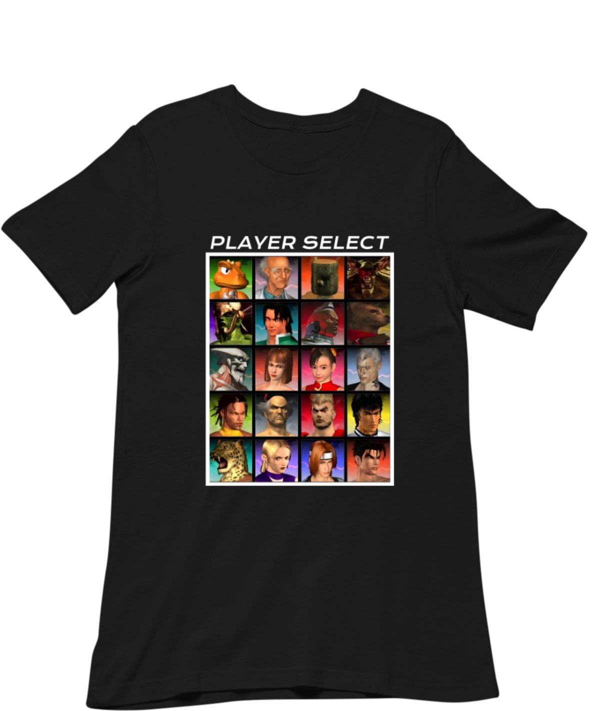Tekken 3 character select roster graphic t-shirt. Featuring the iconic Sony Playstation arcade fighting game grid layout, it is the perfect retro gaming nostalgic gift for console gamers